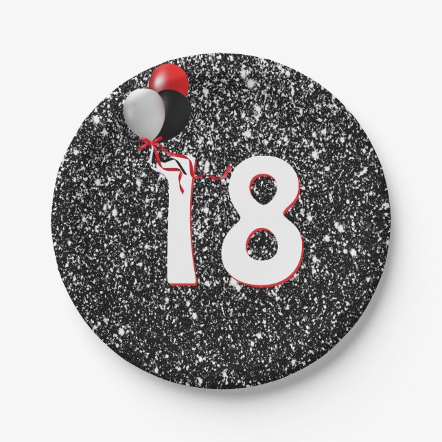 Plato De Papel Globos de cumpleaños 18 sobre Purpurina negro (Anverso)