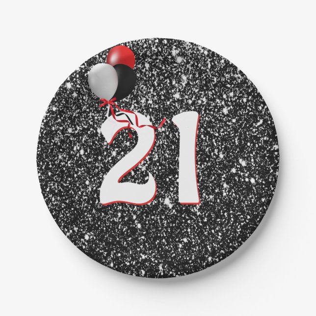 Plato De Papel Globos de cumpleaños 21 sobre Purpurina negro (Anverso)