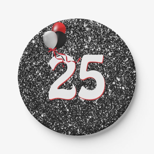 Plato De Papel Globos de cumpleaños 25 sobre Purpurina negro (Anverso)