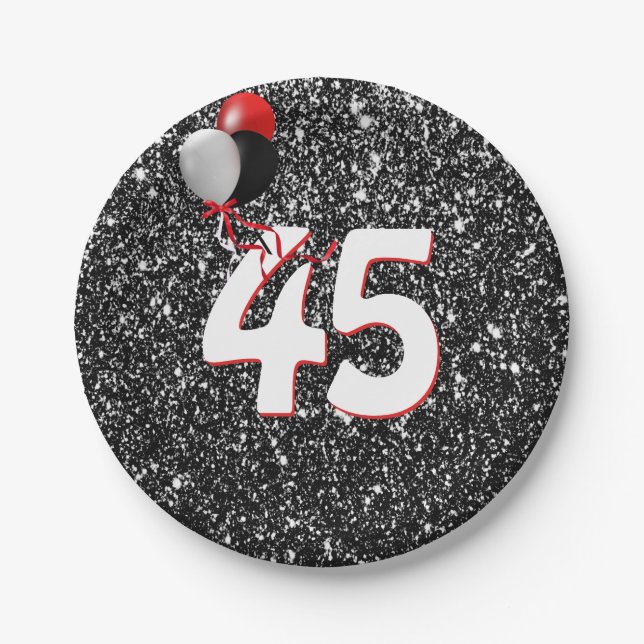 Plato De Papel Globos de cumpleaños 45 sobre Purpurina negro (Anverso)