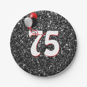 Plato De Papel Globos de cumpleaños 75 sobre Purpurina negro