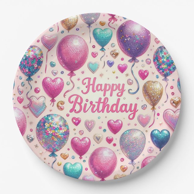 Plato De Papel Globos de cumpleaños con purpurina (Anverso)