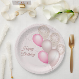 Plato De Papel Globos de cumpleaños de beige y rosa elegante 