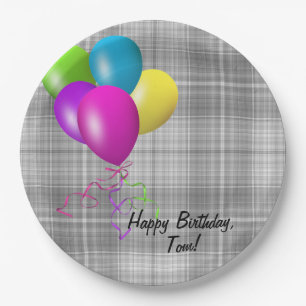 Plato De Papel globos de cumpleaños en yeso gris