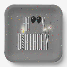 Plato De Papel Globos de cumpleaños negros y espumantes