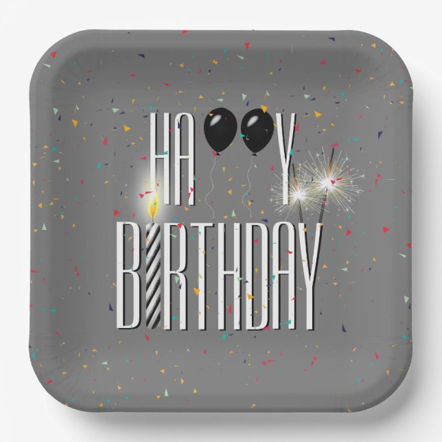 Plato De Papel Globos de cumpleaños negros y espumantes (Anverso)