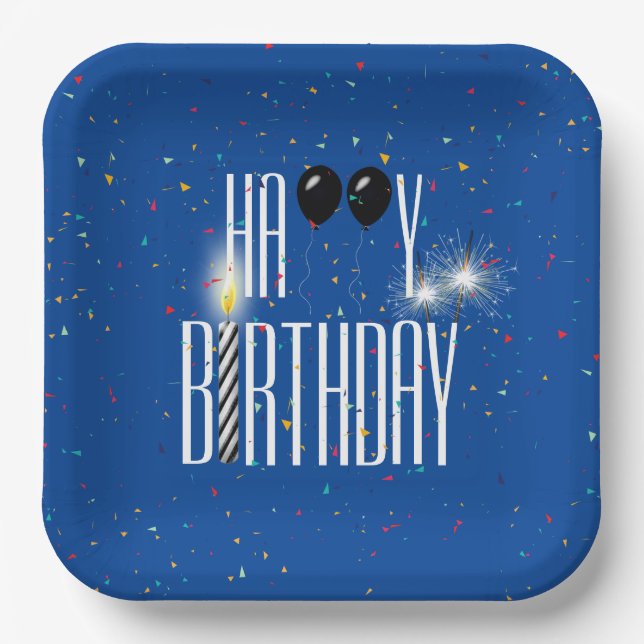 Plato De Papel Globos de cumpleaños negros y espumantes (Anverso)