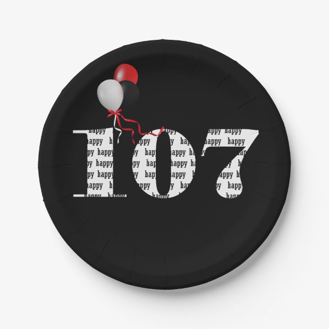 Plato De Papel Globos de fiesta de 107 años (Anverso)