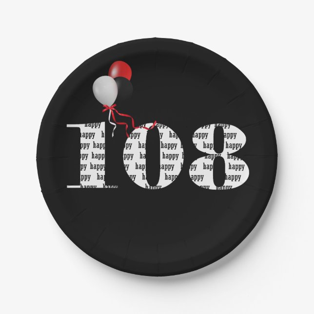 Plato De Papel Globos de fiesta de 108 años (Anverso)