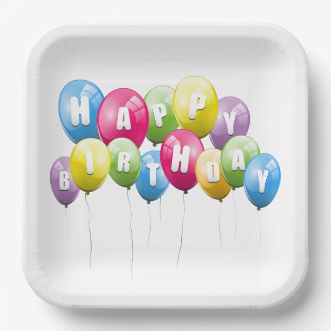 Plato De Papel Globos de fiesta de cumpleaños en blanco (Anverso)