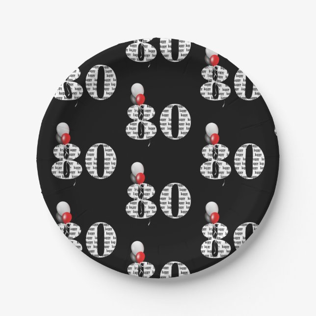 Plato De Papel Globos de la fiesta de cumpleaños 80 en negro (Anverso)
