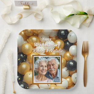 Plato De Papel Globos de oro y negro Aniversario personalizado