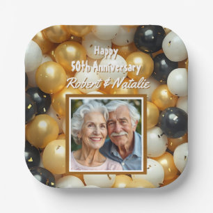 Plato De Papel Globos de oro y negro Aniversario personalizado