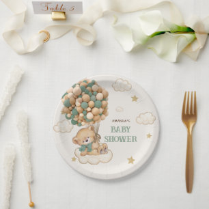 Plato De Papel Globos de Osito de Peluche Beige Verde Baby Shower