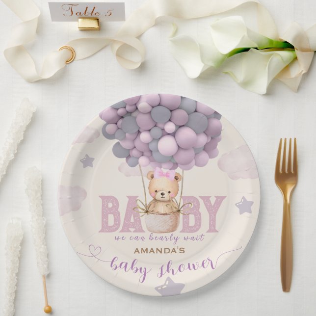 Plato De Papel Globos de oso Baby Shower Vioet rosa (Boda)