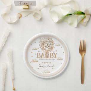 Plato De Papel Globos de oso Bearly Wait White Beige Baby Shower