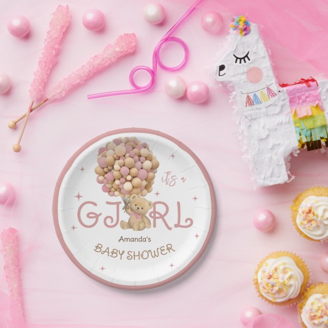 Plato De Papel Globos de oso Bebé Rosa Ducha Bebé (Fiesta)