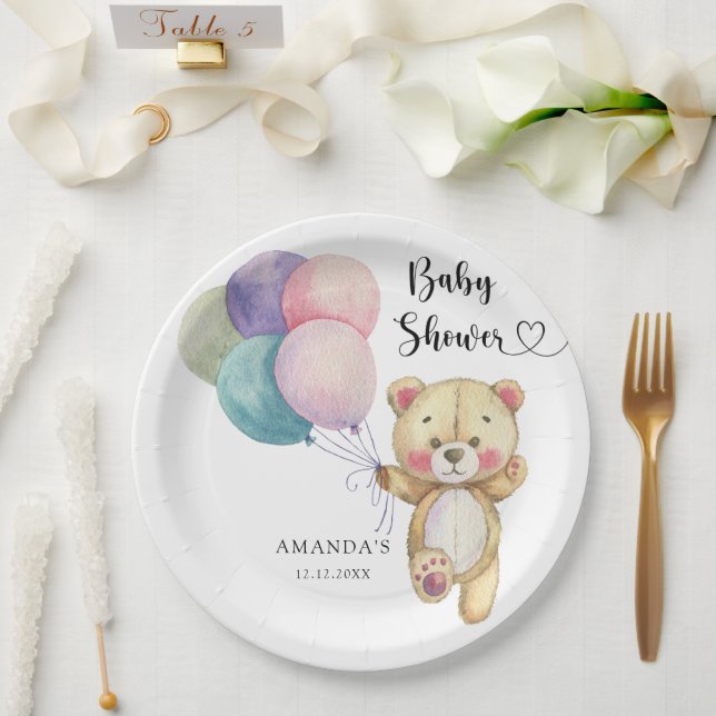 Plato De Papel Globos de oso de peluche - Baby Shower (Boda)
