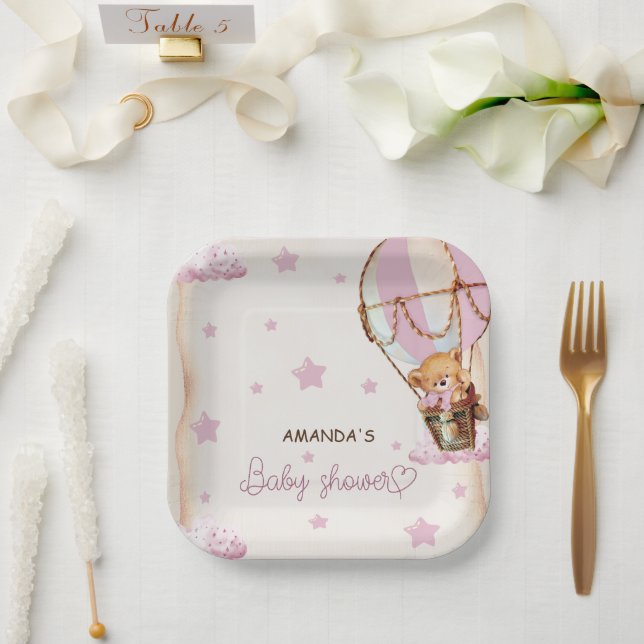 Plato De Papel Globos de oso marrón claro rosa Rubor Baby Shower (Boda)