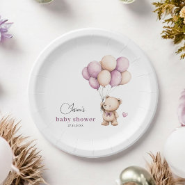 Plato De Papel Globos de osos de peluche beige y violeta blanco
