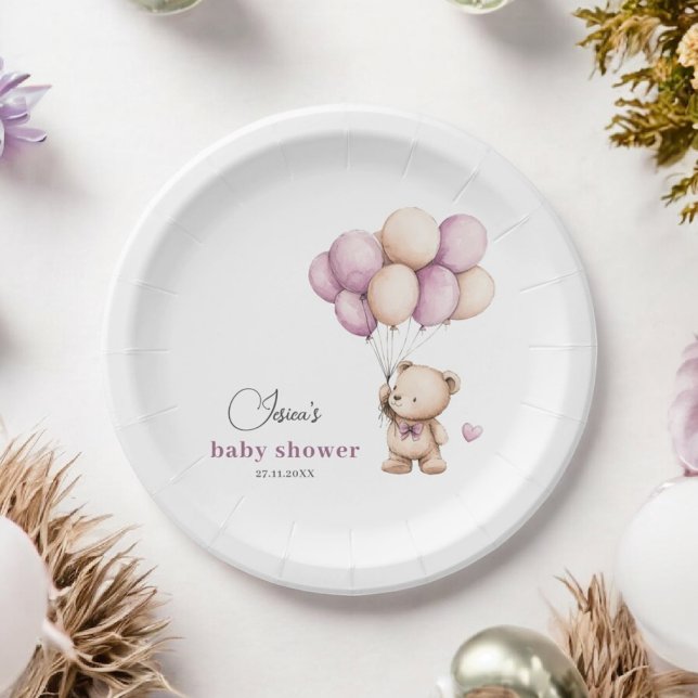 Plato De Papel Globos de osos de peluche beige y violeta blanco (Subido por el creador)