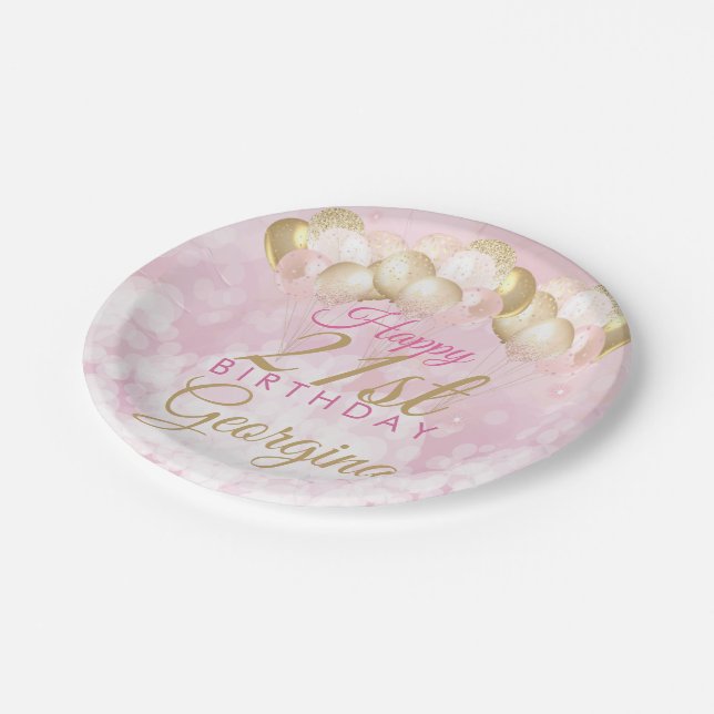 Plato De Papel Globos de Purpurina Girly Pink 21º cumpleaños (Angular)