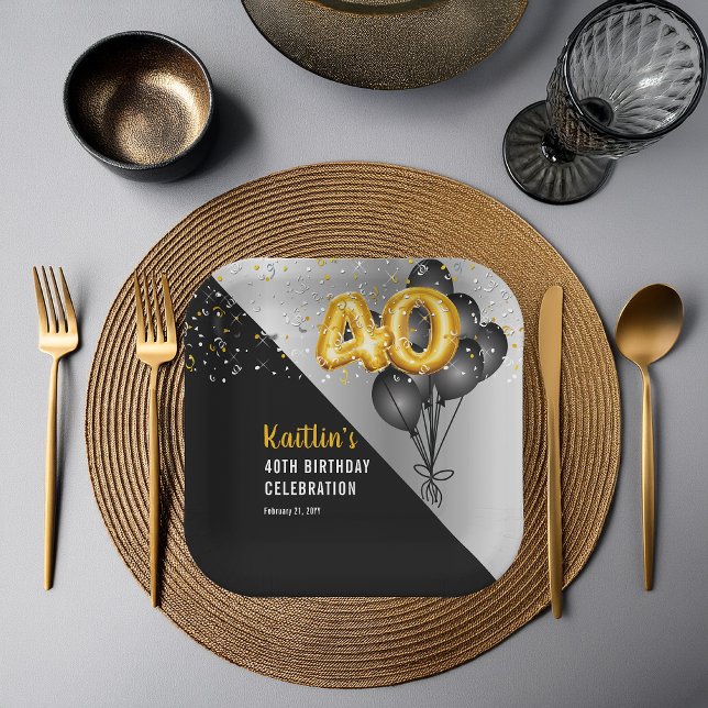 Plato De Papel Globos Elegante Negro | Oro 40.º Fiesta de cumplea (Elegant Black Balloons and Gold Tone Balloon Numbers 40th Birthday Party Paper Plates)