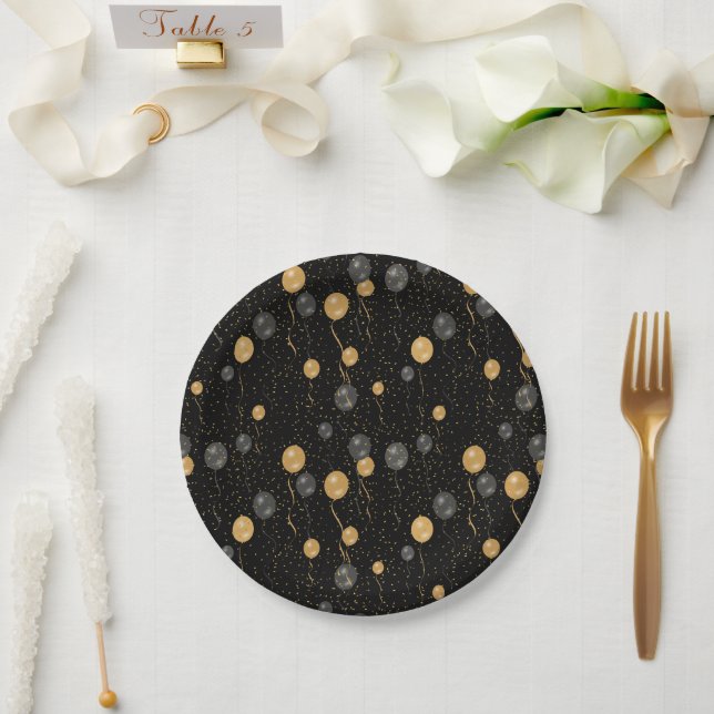 Plato De Papel Globos elegantes de oro y negro (Boda)
