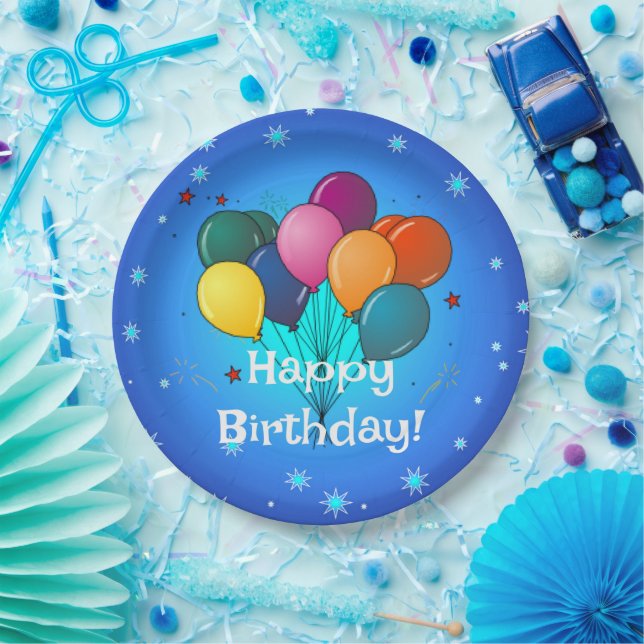 Plato De Papel Globos felices de celebración de cumpleaños, (Fiesta)