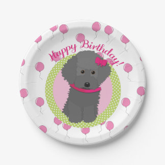 Plato De Papel Globos grises del rosa del perro del cumpleaños