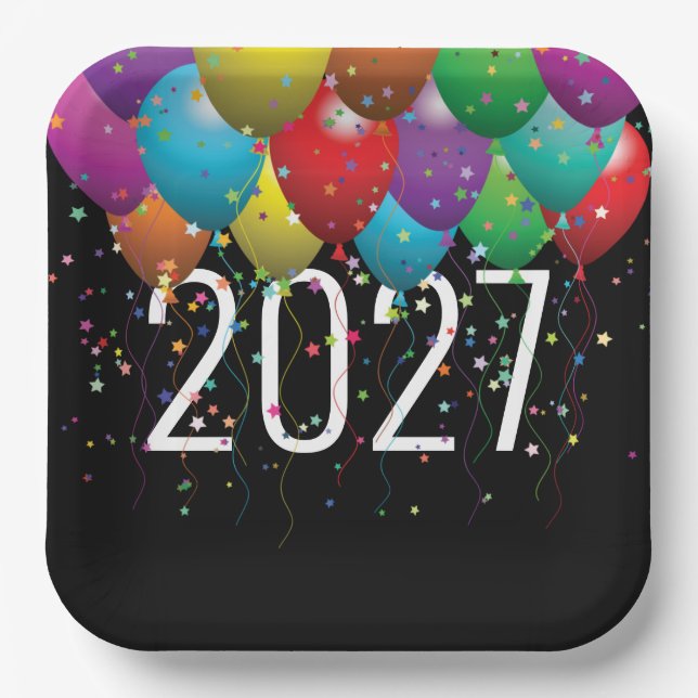 Plato De Papel Globos para Fiesta de Año Nuevo 2027 (Anverso)