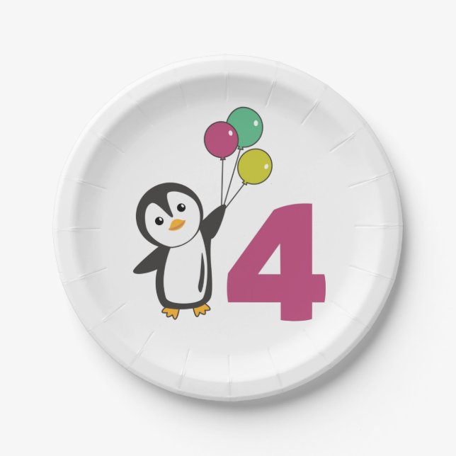 Plato De Papel Globos Penguin Cuarto Cumpleaños Para Papel Infant (Anverso)