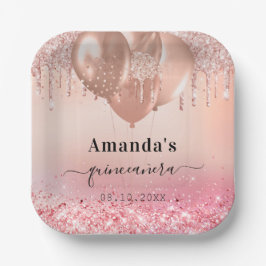 Plato De Papel Globos rosados de oro rosa de Quinceanera