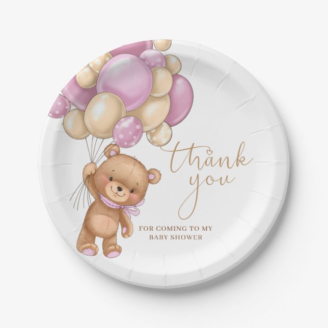 Plato De Papel Globos rosados de oso Baby Shower Gracias Plates (Anverso)
