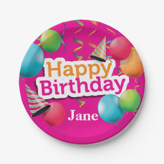 Plato De Papel Globos y gorras del feliz cumpleaños