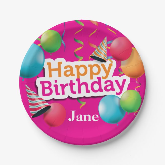 Plato De Papel Globos y gorras del feliz cumpleaños (Anverso)