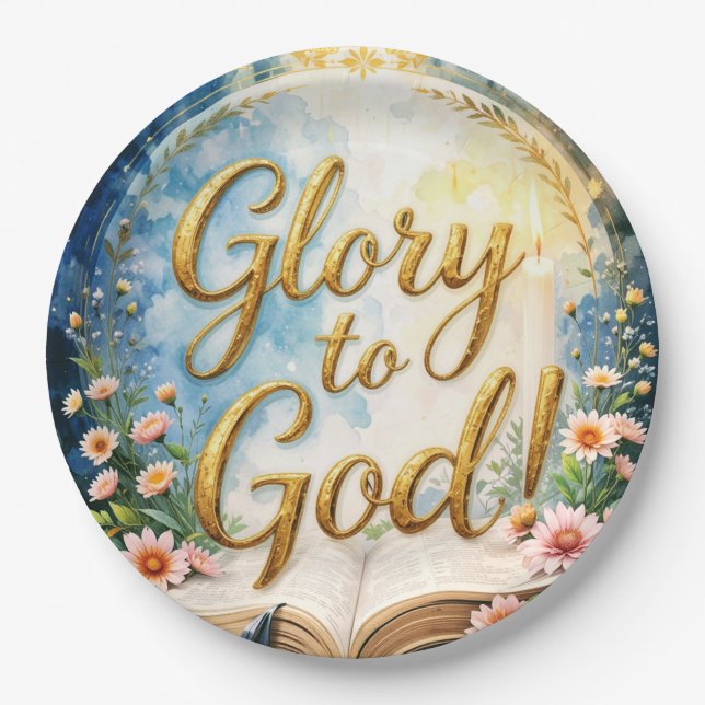 Plato De Papel Gloria a Dios - dedicación de texto dorado con Bib (Anverso)