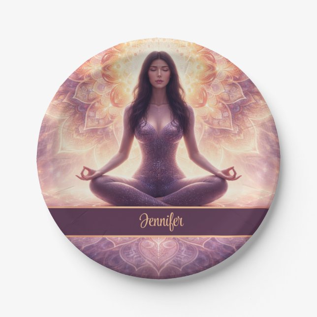 Plato De Papel Glowing Mandala Meditation Woman Custom Name       (Anverso)