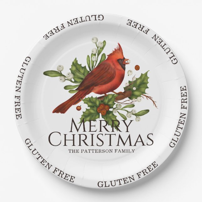 Plato De Papel Gluten Free Merry Christmas Red Cardinal Holly (Anverso)