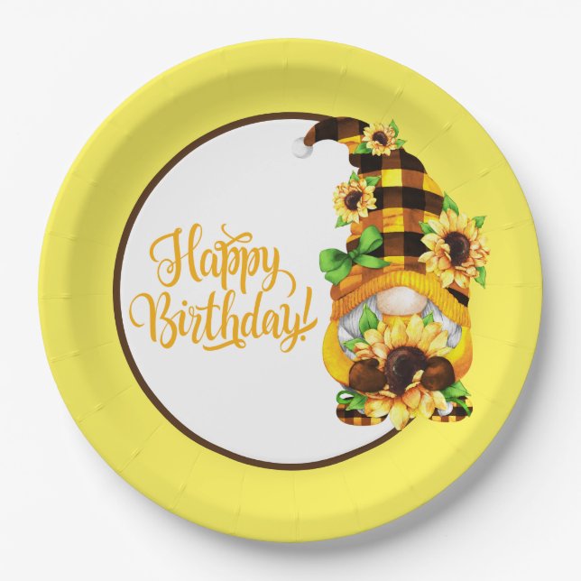 Plato De Papel Gnome Cumpleaños Girasol (Anverso)