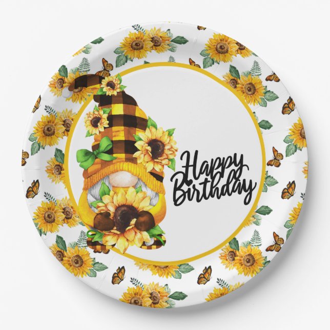 Plato De Papel Gnome Feliz Cumpleaños Girasol (Anverso)