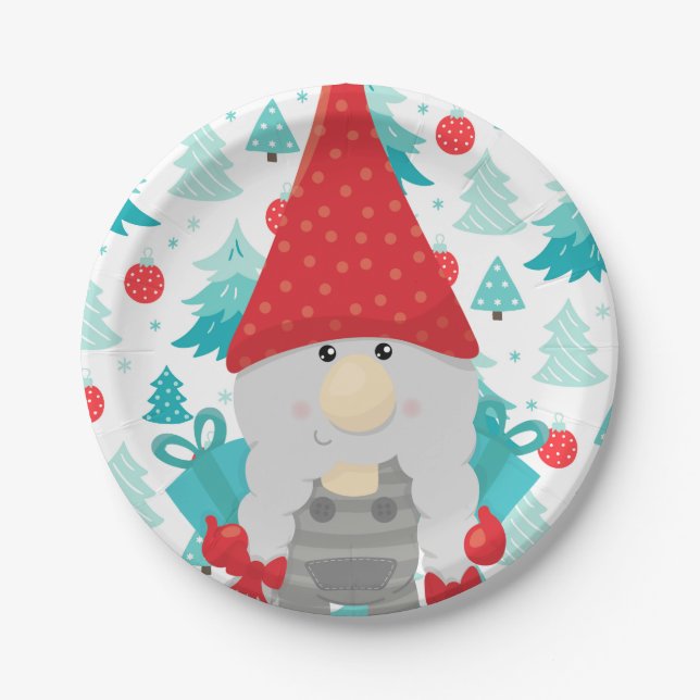 Plato De Papel Gnome festivo con regalos (Anverso)