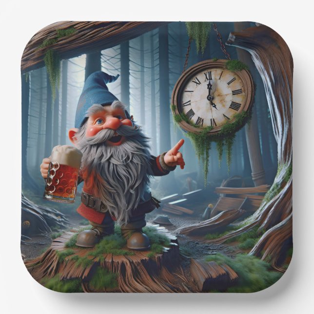 Plato De Papel Gnome Forestal A Las Cinco De La Hora (Anverso)