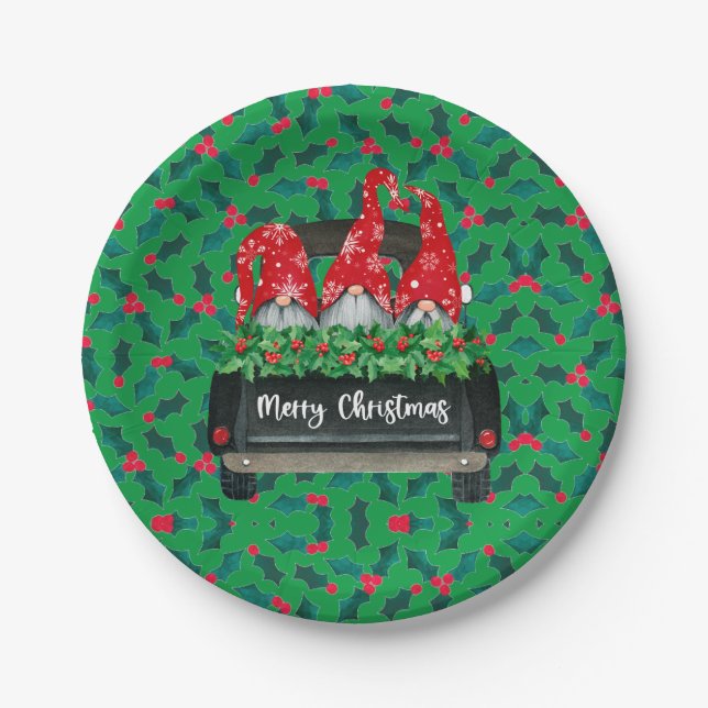 Plato De Papel Gnome Merry Christmas Holly (Anverso)