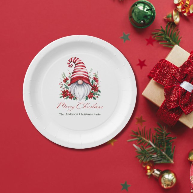 Plato De Papel Gnome Poinsettia Holiday Navidades personalizados (Christmas Gnomes with Poinsettia Holiday paper plates. Personalized )
