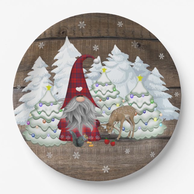 Plato De Papel Gnome Red Plaid Squirrel Christmas Tree Deer (Anverso)