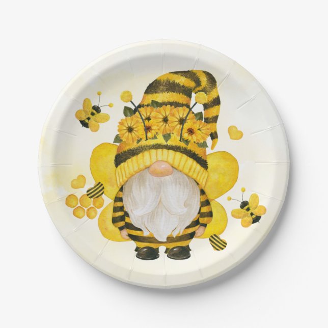 Plato De Papel Gnome Sunflower y Bebidas Baby Shower | Cumpleaños (Anverso)