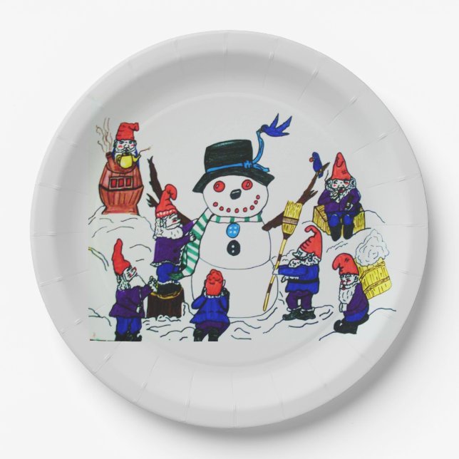 PLATO DE PAPEL GNOMES BUILD SNOWMAN (Anverso)