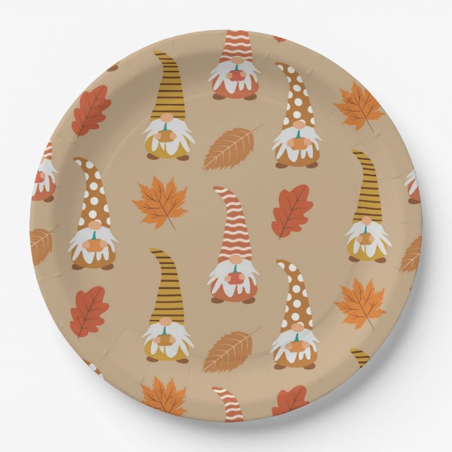 Plato De Papel Gnomes de Acción de Gracias con hojas de otoño (Anverso)