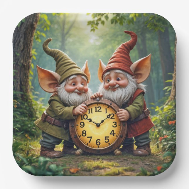 Plato De Papel Gnomes Forestales Con Reloj Antiguo (Anverso)